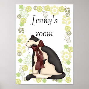 Poster Chaton noir et blanc avec bordure florale