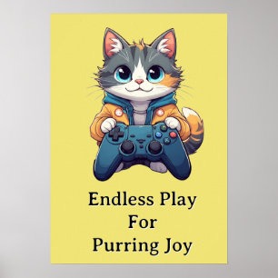 Poster Chaton tenant une manette de jeu et souriant - Cha