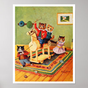 Poster Chatons jouant avec un cheval en bois, Louis Wain