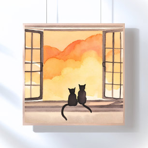 Poster Chats à la fenêtre Silhouette aquarelle au couch