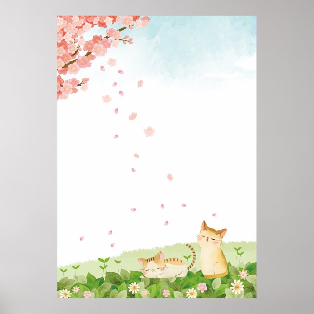 Poster Chats amusants chantant sous les fleurs de cerisie (Devant)