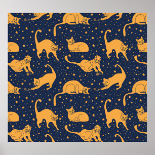 Poster Chats amusants, étoiles, motif spatial.