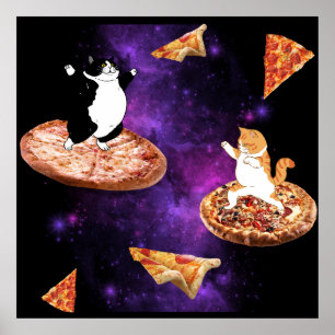 Poster Chats amusants faisant de la pizza dans l'espace