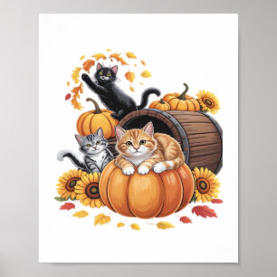 Poster Chats Automne Citrouilles Thanksgiving Sunflower C