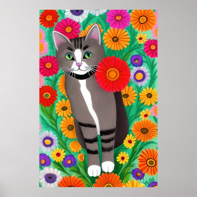 Poster Chats blancs et gris Whimsical et Fleur rouge (Devant)