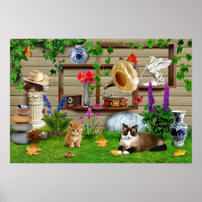 Poster Chats dans le jardin. Une jolie photo drôle. (Devant)