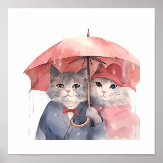 Poster Chats d'aquarelle mignonne avec parapluie rose
