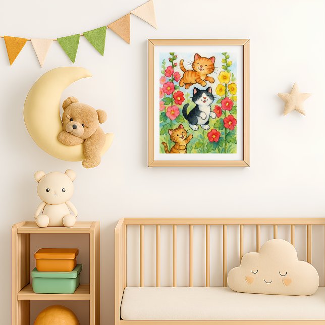 Poster Chats de campagne folâtres dans un jardin fleuri (Frolicking Country Cats in Garden poster print in situ)