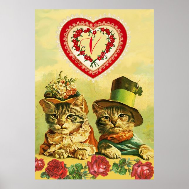 Poster Chats de la Saint-Valentin drôles à l'ancienne,Fle (Devant)