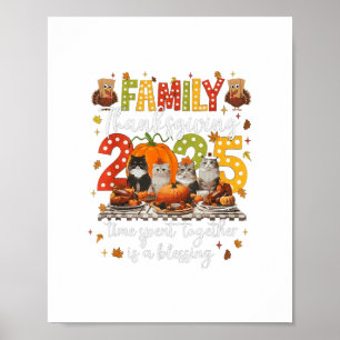 Poster Chats de Thanksgiving en famille Dîner Fête Vintag