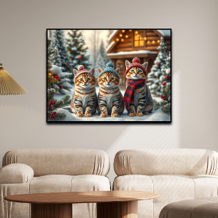 Poster Chats drôles en tenue de prépa d'hiver et chapeaux