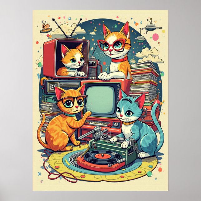 Poster Chats du milieu du siècle avec disques rétro et TV (Devant)