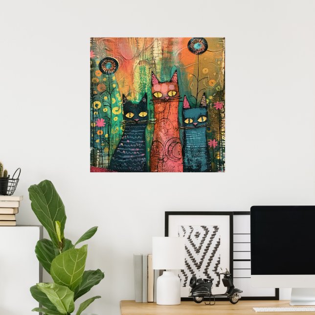 Poster Chats en aquarelle Boho - Earthy Feline Art (Bureau à domicile)