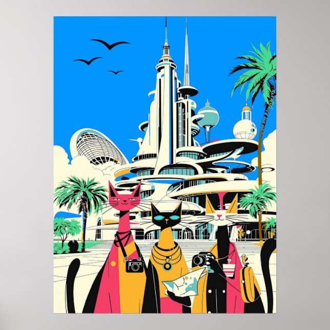 Poster Chats en vacances Visiter l'avenir (Devant)