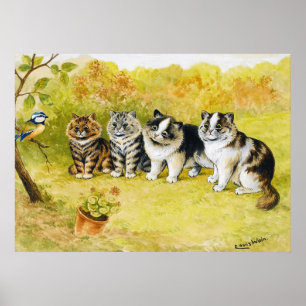 Poster Chats fixant un petit oiseau, Louis Wain