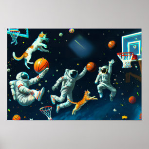Poster Chats jouant au basket-ball dans l'espace avec des