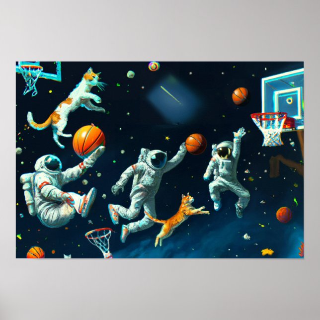 Poster Chats jouant au basket-ball dans l'espace avec des (Devant)