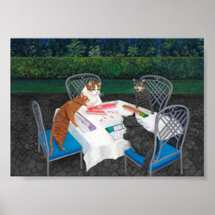 Poster Chats jouant au Mahjong