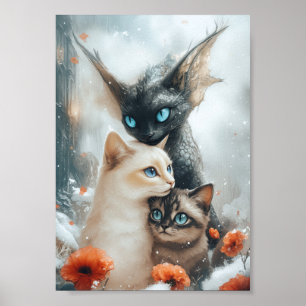 Poster Chats magiques d'hiver avec un dragon fantaisiste