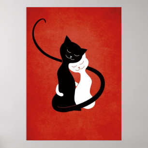 Poster Chats mignons en amour Amoureux des chats rouge