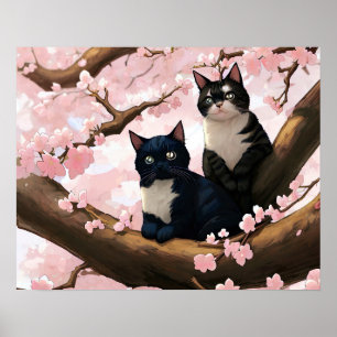 Poster Chats Mignons Sur Un Arbre En Fleur De Cerise