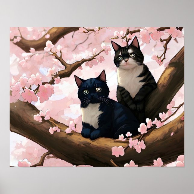 Poster Chats Mignons Sur Un Arbre En Fleur De Cerise (Devant)