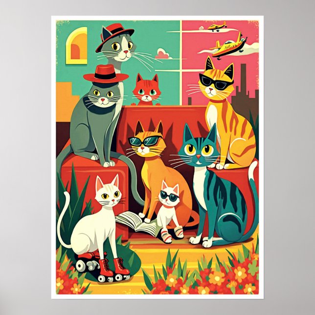 Poster Chats modernes du milieu du siècle en vacances (Devant)