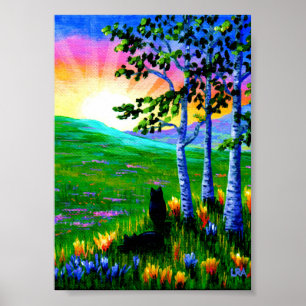 Poster Chats noirs Birch Trees coucher de soleil Création