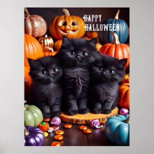 Poster Chats noirs d'Halloween avec Citrouilles et bonbon