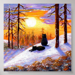 Poster Chats noirs d'hiver Forêt de neige Créationarts