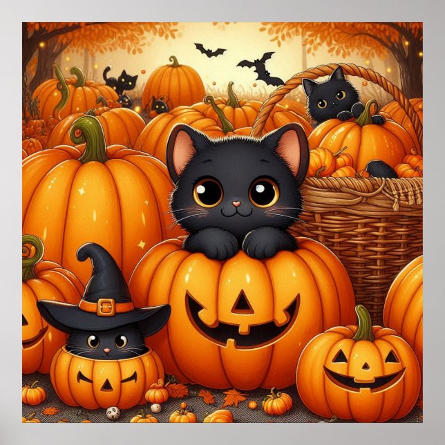 Poster Chats noirs et Jack-O-Lanterns (Devant)