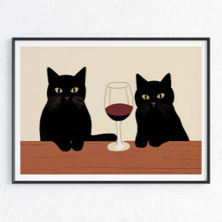 Poster Chats noirs et vin rouge minimaliste