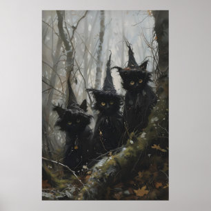 Poster Chats noirs mignons en chapeaux de sorcière Cottag