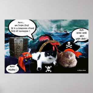 POSTER CHATS PIRATES PARLANT ET NAVIRE DANS LA TEMPÊTE EN