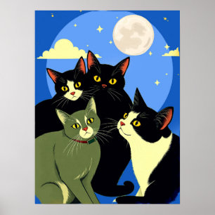 Poster Chats sur le rôdeur sous la Pleine lune