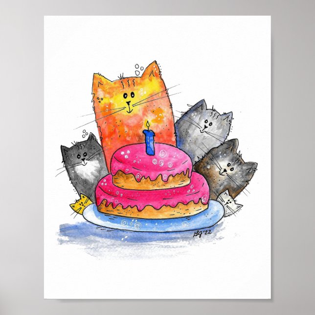 Poster Chats Whimsical avec gâteau d'anniversaire (Devant)
