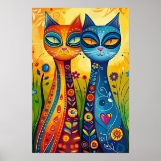 Poster Chats Whimsical en Harmonie : Art populaire coloré