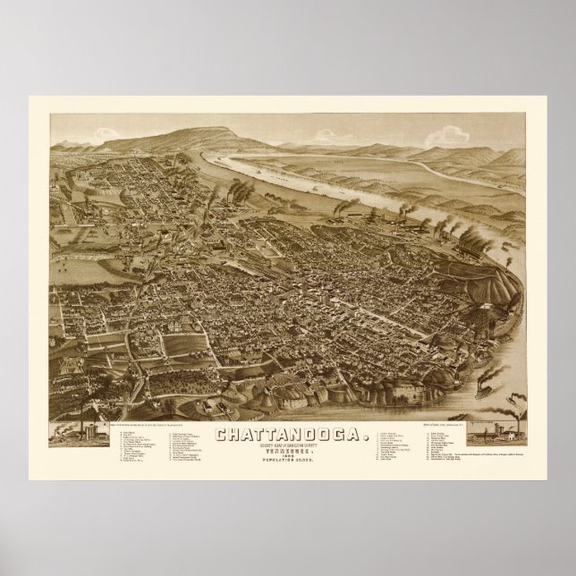 Poster Chattanooga, TN Carte panoramique - 1886 (Devant)