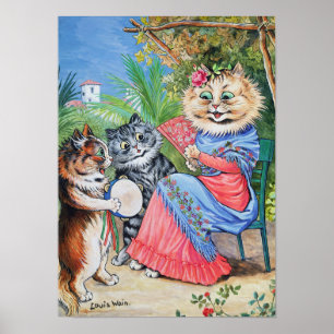 Poster Chatte avec éventail et chatons, Louis Wain
