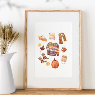 Poster Chaud automne Météo Aquarelle automne