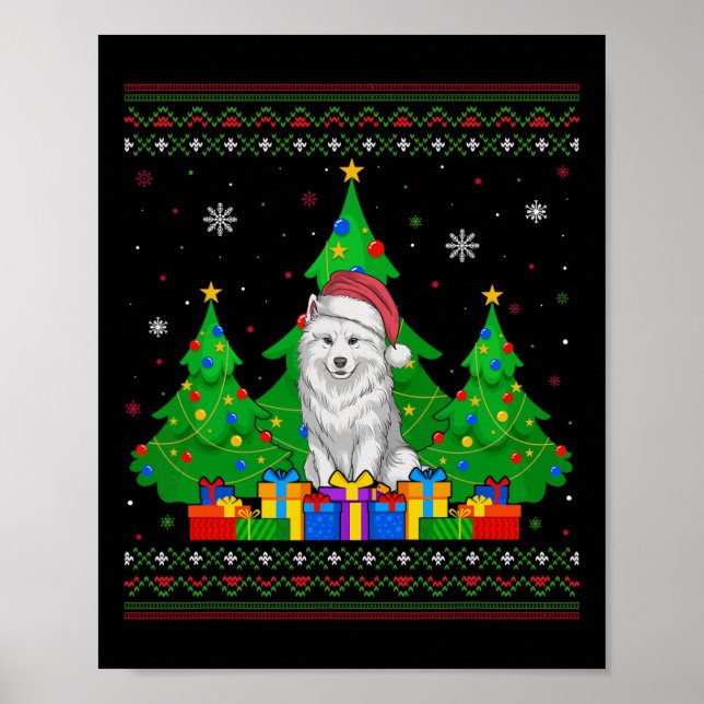 Poster Chaud moche arbre de Noël Santa Hat Samoyed Chien (Devant)