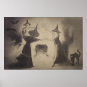 Poster Chaudière de nuit de chauve-souris sorcière de sép