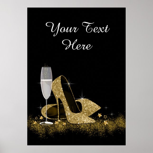 Poster Chaussure à talon noir et or haute fête d'annivers (Devant)