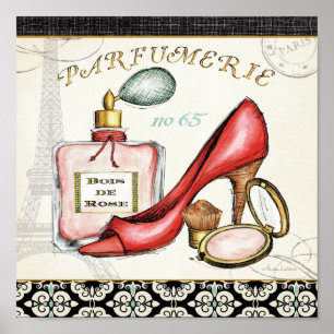 Poster Chaussure rouge, Bouteille de parfum et Poudre rou
