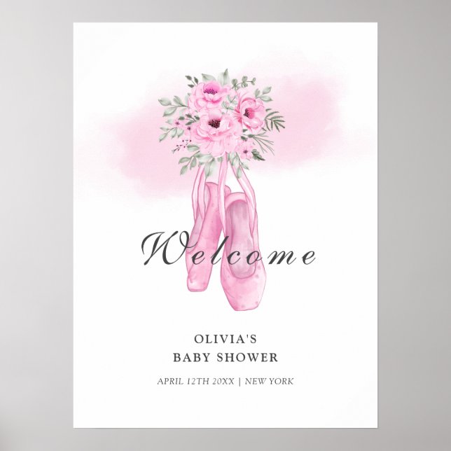 Poster Chaussures Ballerina Rose Floral Baby shower d'acc (Devant)