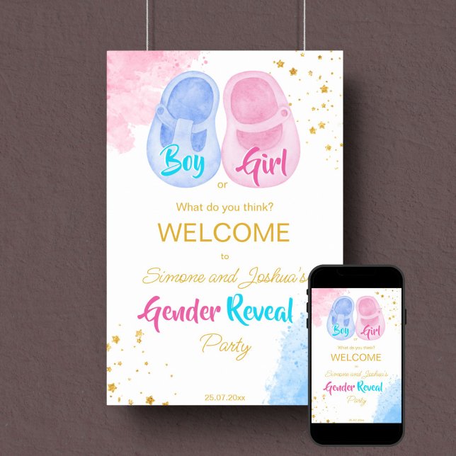 Poster Chaussures bébé garçon ou fille genre révéler sign (Gender reveal party welcome sign template poster instant download pink and blue baby shoe gold)