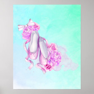 Poster Chaussures de ballet vaches et pivoines en Aquarel