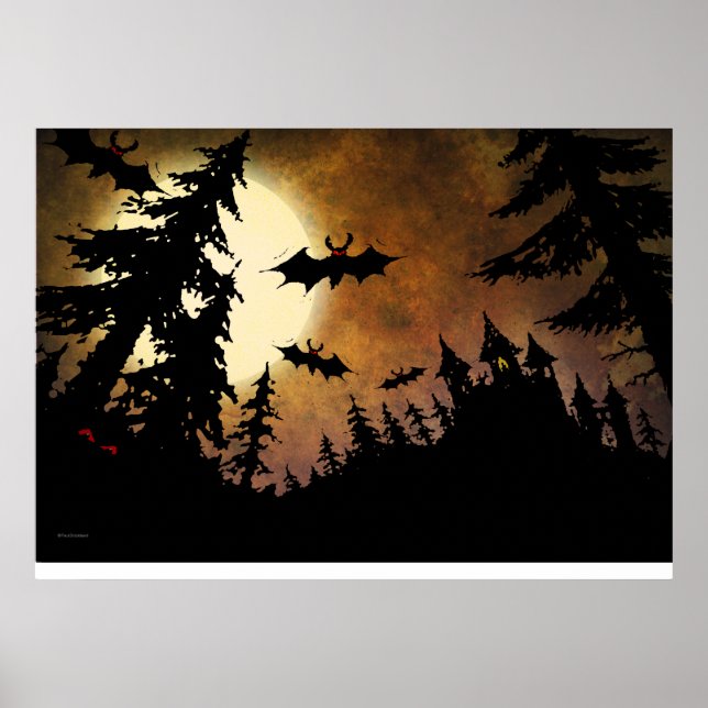 Poster Chauves-souris d'Halloween, Château et Lune (Devant)