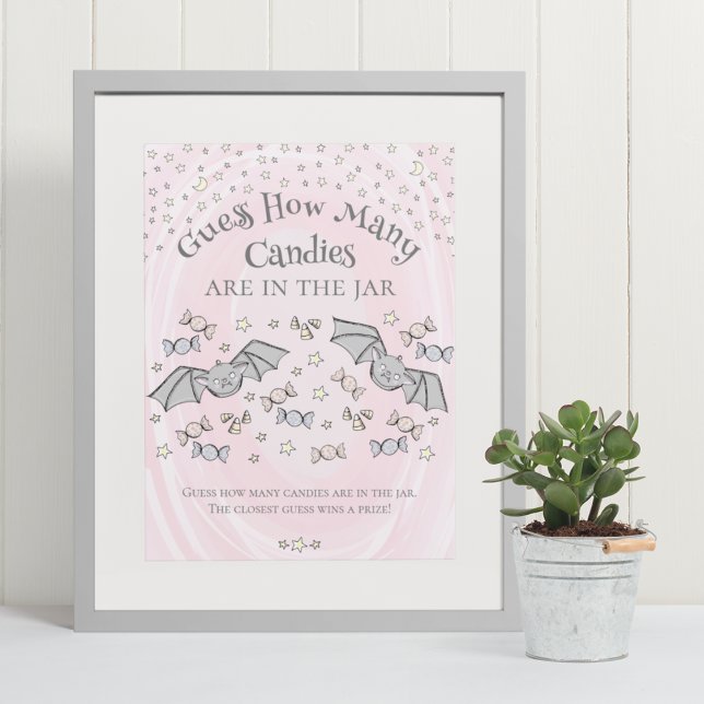 Poster Chauves-souris roses Devinez combien de bonbons Ba (Cute & Whimsical Fall Baby Shower Game Poster. Frame Not Included. Hand-Drawn Baby Bats Drawing.)