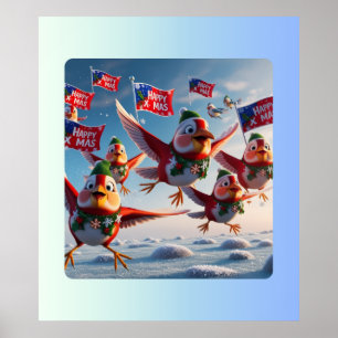 Poster Cheerful Red Robins Diffusion Noël Joie